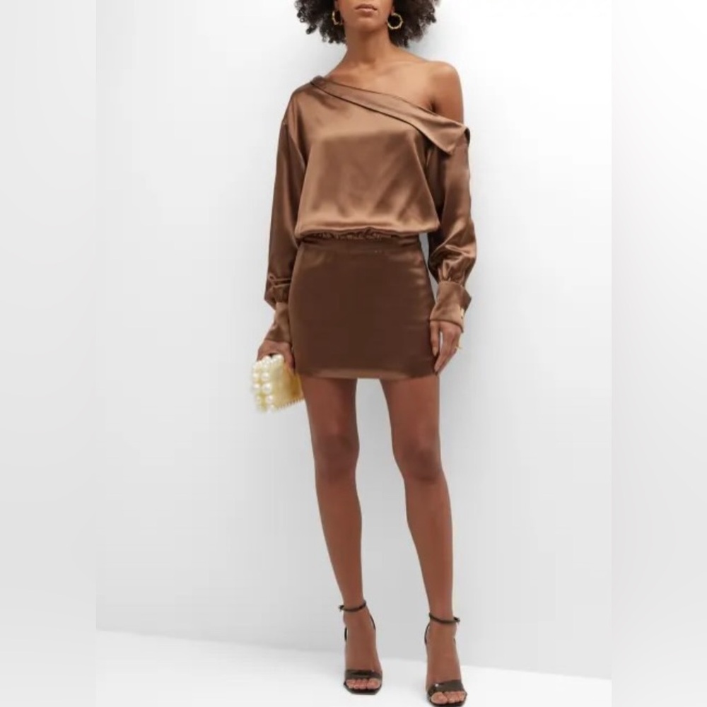 Retrofete Brown Satin One-Shoulder Mini Dress
